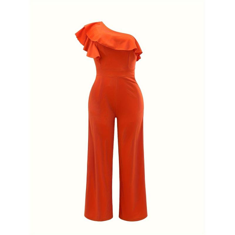 Ruffle One Shoulder Jumpsuit, Elegant Solid Jumpsuit For Spring & Summer, Women's Clothing