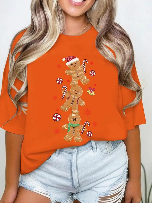 Women's Christmas Gingerbread Man Print Round Neck Tee, Casual Short Sleeve Drop Shoulder T-shirt for All Seasons, Fashion Women's Top for Daily Wear