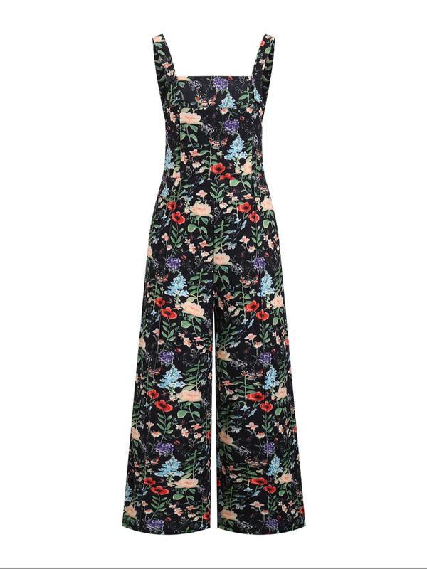 Women's Floral Print Backless Button Cami Jumpsuit, Casual Sleeveless Wide Leg Jumpsuit for Spring & Fall, Women's Clothes for Daily Wear