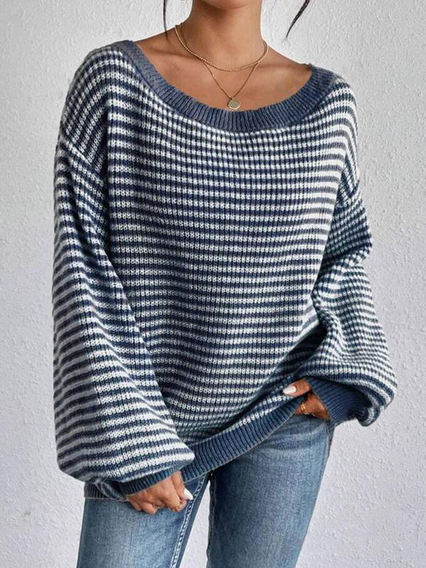 Women's Striped Print Drop Shoulder Boat Neck Sweater, Casual Long Sleeve Jumper for Spring & Fall, Fashion Women's Knitwear for Daily Wear