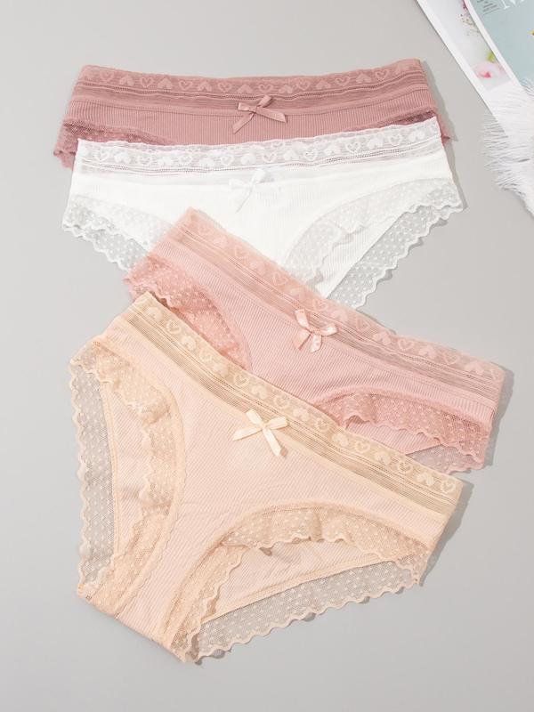 Women's Bow Decor Contrast Lace Knicker, Soft Comfy Breathable Scallop Panty for Daily Wear, Underwear for All Seasons