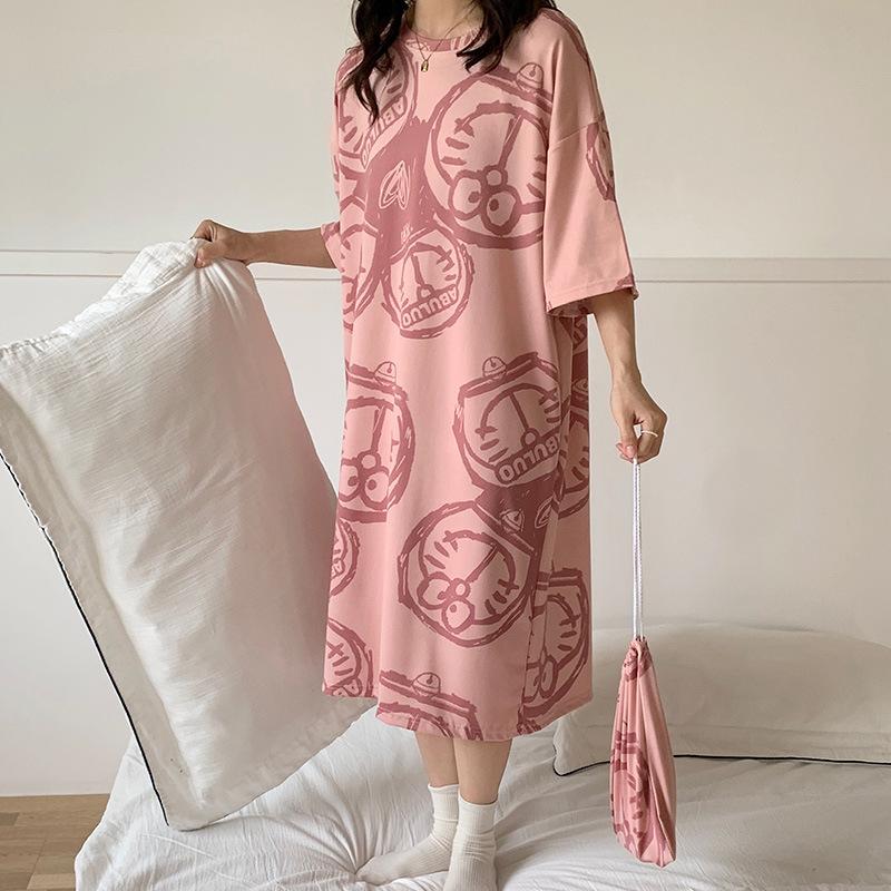 Nightdress Women's Summer Korean-Style Spring and Autumn Student Short-Sleeved Home Wear Cute Cartoon Loose Pregnant Women's Pajamas Women's Summer