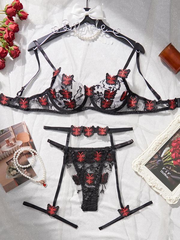 Women's Butterfly Embroidery Sheer Mesh Lingerie Three-piece Set, Romantic Adjustable Strap Underwire Bra & Thong & Garter Belt Set, Lingerie Set for Women