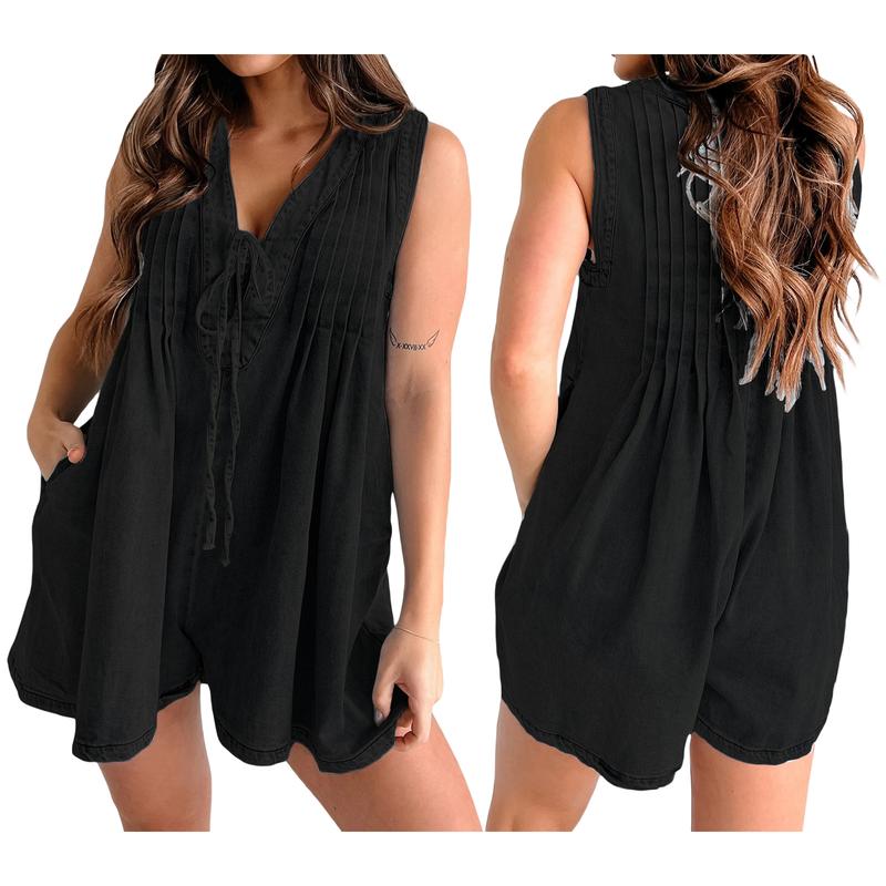 Womens Casual Sleeveless Tie Front Denim Romper Dress Overall Shorts Summer Jean Romper With Pocket