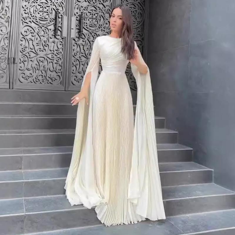 2024 Autumn New Europe and America Cross Border Cross-Border Solid Color Waist Fairy Style Elegant Long Evening Dress for Women Formal Womenswear