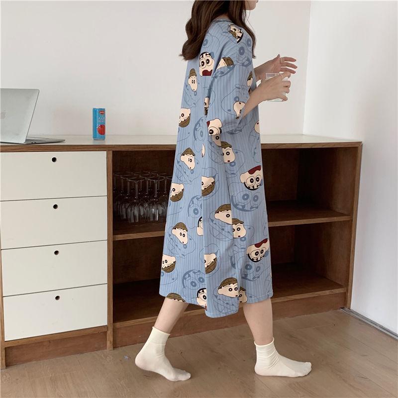 Nightdress Women's Summer Korean-Style Spring and Autumn Student Short-Sleeved Home Wear Cute Cartoon Loose Pregnant Women's Pajamas Women's Summer