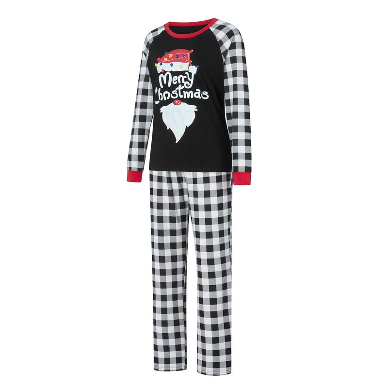 Family Matching Christmas Pajamas, Letter &Santa Hat Print Long-Sleeved Round Neck Tops + Plaid Pattern Trousers Sleepwear