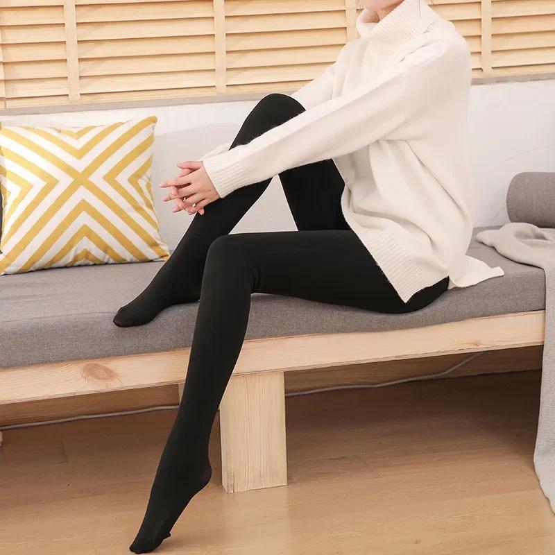 Women Warm Winter Leggings Pantyhose High Waist Solid Color Velvet Thickened Velvet Legging Stretchy Black Skin Stockings