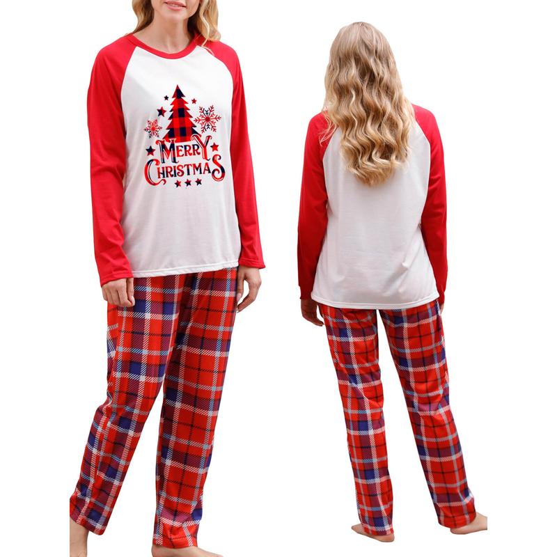 Women's 2-piece family set Christmas pajamas Christmas tree home clothes + Christmas plaid pattern trousers Womenswear Baby