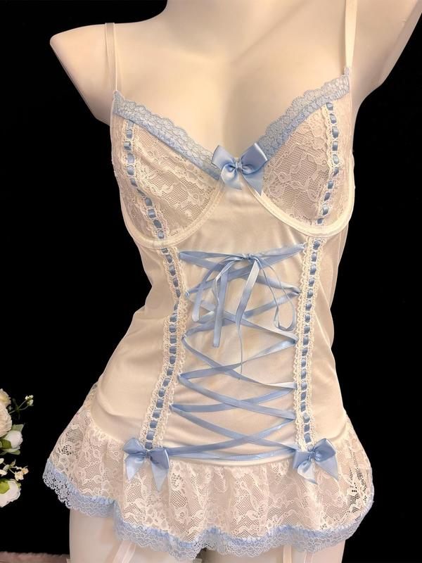 Women's Contrast Lace Bow Decor Lingerie Two-piece Set, Sheer Lace Up Backless Cami Nightdress & Thong Set, Women's Lingerie & Underwear for All Seasons