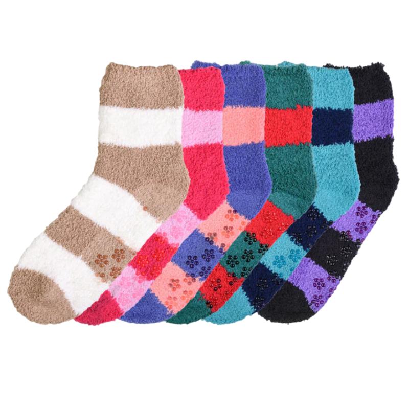 6 Pairs Non Slip Plush Slipper Socks Fuzzy with Grippers No Skid Ripple Warm Soft Cozy Fluffy Winter Home Sleeping Premium Socks Comfy Christmas Gifts