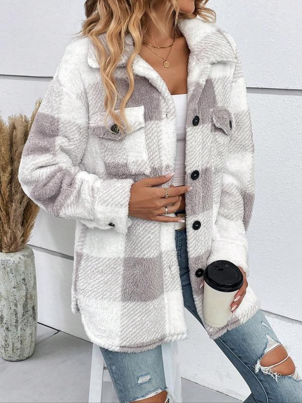 Women's Plaid Print Button Front Fleece Jacket, Casual Long Sleeve Outerwear for Fall & Winter, Ladies Clothes for Daily Wear