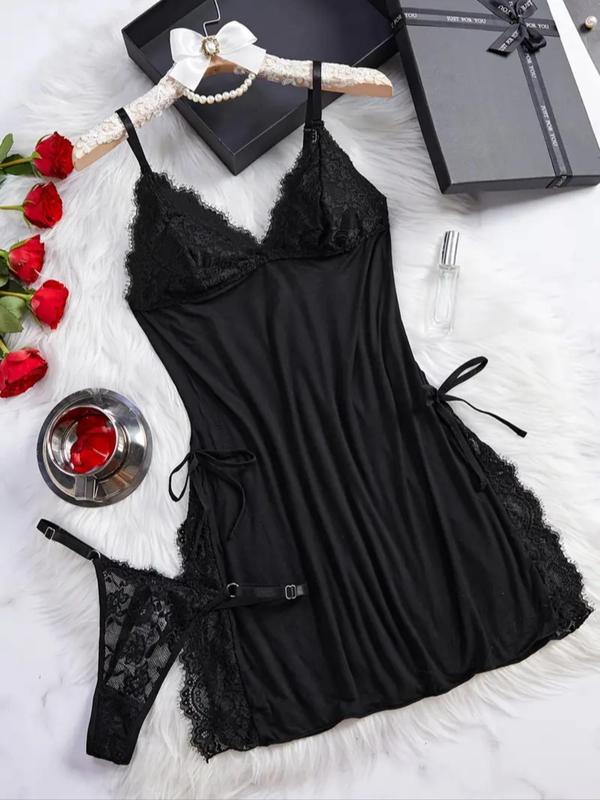 Women's Contrast Lace Bow Decor Cami Nightdress & Thong Two-piece Set, Split Thigh Spaghetti Strap Nightgown & Panty Set, Women's Sleepwear for All Seasons