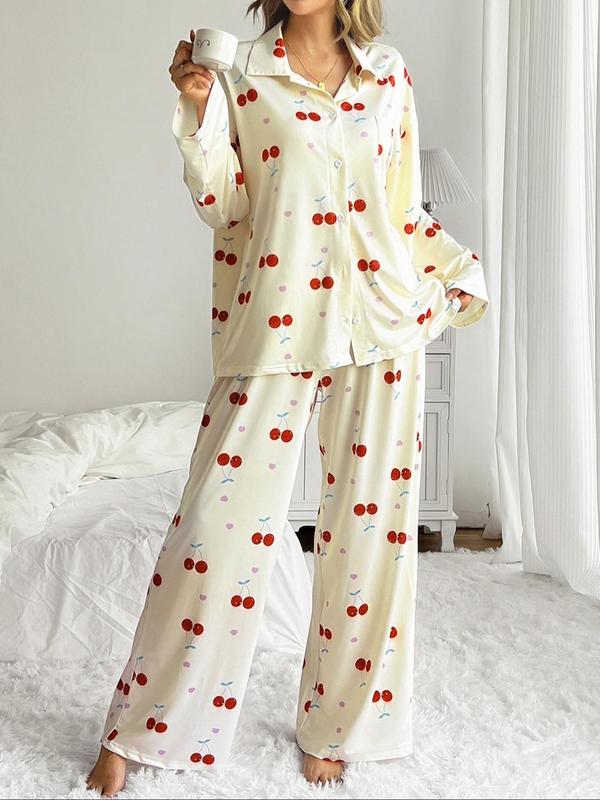 Women's All Over Print Button Front Pajama Two-piece Set, Casual Comfy Drop Shoulder Long Sleeve Top & Pants PJ Set, Ladies Sleepwear for All Seasons