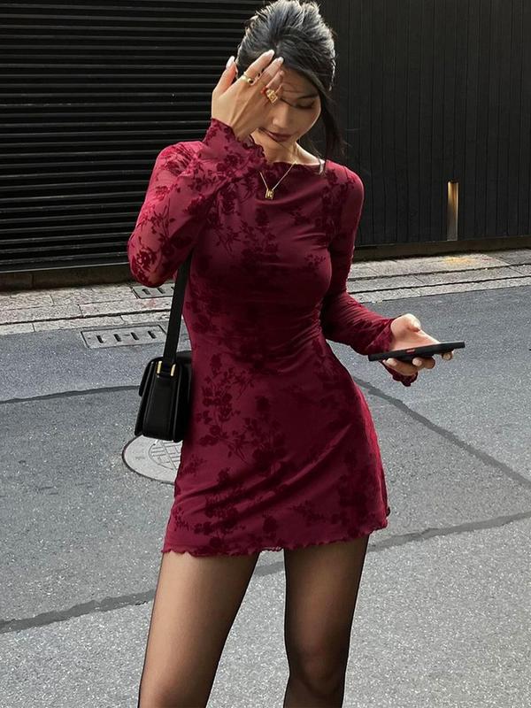 Women's Floral Print Lettuce Trim Tulle Bodycon Dress, Fashion Long Sleeve Round Neck Mini Dress for Daily Outdoor Wear, Women Dress for Spring Fall