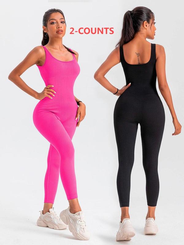 Women's Solid Backless Scoop Neck Ribbed Tank Jumpsuit, Casual Comfy Sleeveless Jumpsuit for Yoga Gym Workout, Jumpsuit for Women, Ladies Clothes for All Seasons