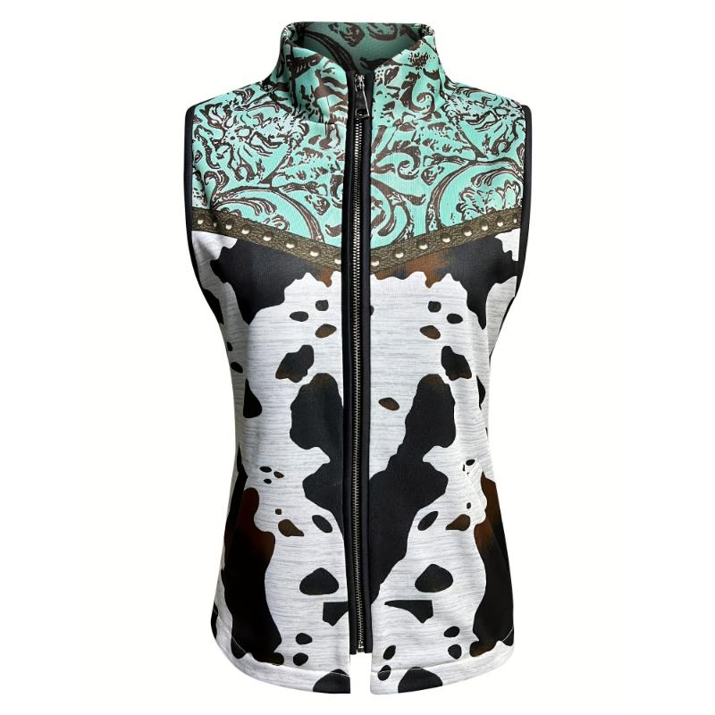 Fashionable Cow Print Zip Up Vest - Stylish Stand Collar, Sleeveless Outerwear with Convenient Pockets - Womens Casual Everyday Wear