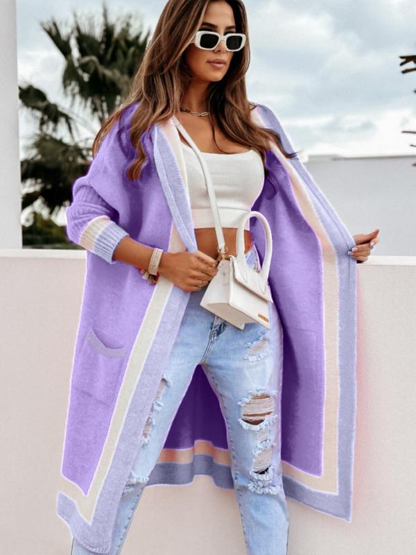 Women's Colorblock Long Sleeves Open Front Cardigan, Comfort Fashion Womenswear, Mean Girls Outfit, Cardigan for Women, Pocket Drop Shoulder Hooded Outerwear for Lady, Clothes for Women, Going Out Tops, Fall Outfits 2024, Tops for Women