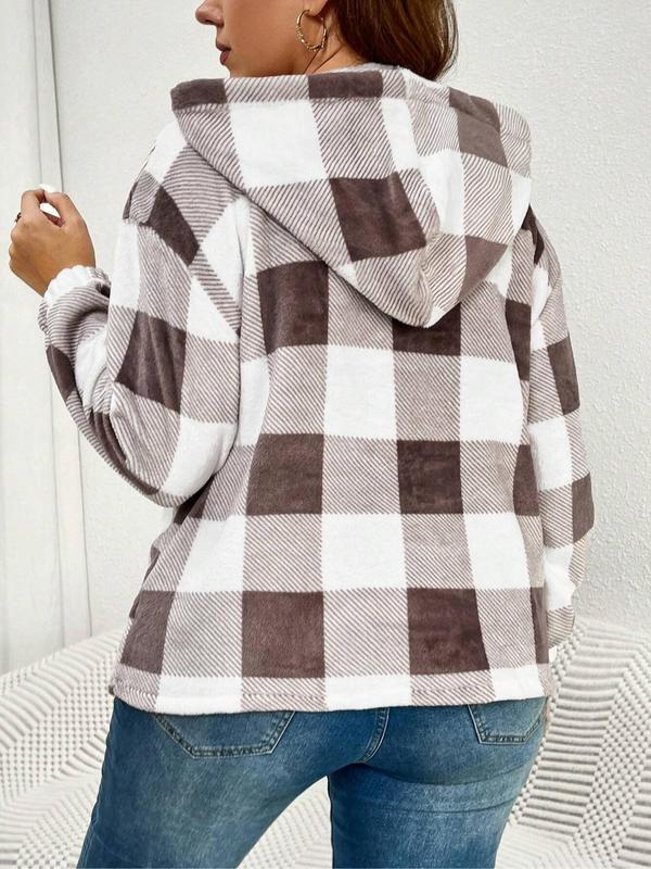 Women's Plaid Print Button Front Hoodie, Casual Long Sleeve Plus Hooded Sweatshirt for Fall & Winter, Women's Clothing for Daily Wear