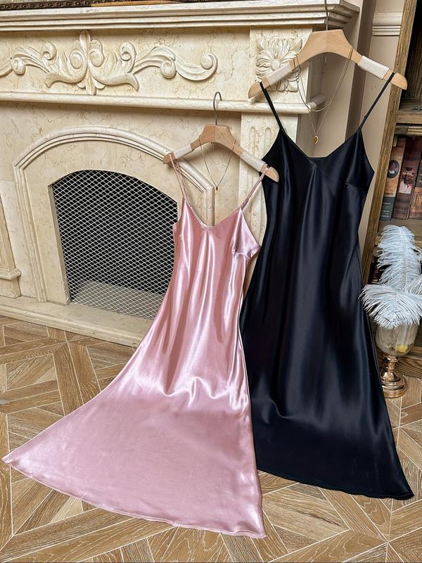 Women's Plain Backless Soft Satin Cami Nightdress, Summer Clothes Women, Soft Adjustable Spaghetti Strap Long Nightgown, Women's Sleepwear for Summer