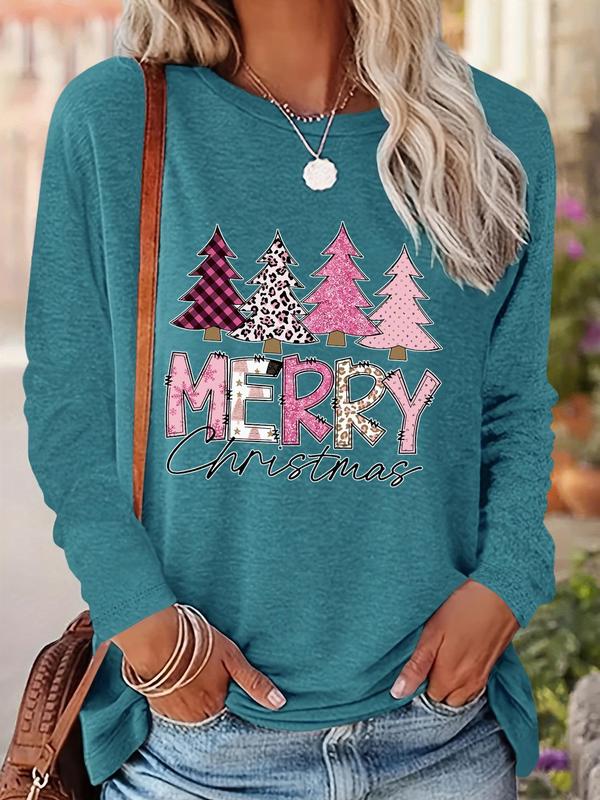 Women's Christmas Trees & Letter Print Drop Shoulder Tee, Casual Long Sleeve Round Neck Tops for Daily Wear, Womenswear Fall & Winter Clothes