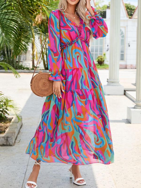 Women's Floral Print Frill Ruffle Hem Flounce Sleeve Chiffon Vintage Dress, Deep V Neck Long Sleeve A Line Maxi Dress, Women's Clothing for Holiday Vacation, Dresses for Women, Summer Clothes, Back To School Party, Birthday Dress, Women's Fall Clothing