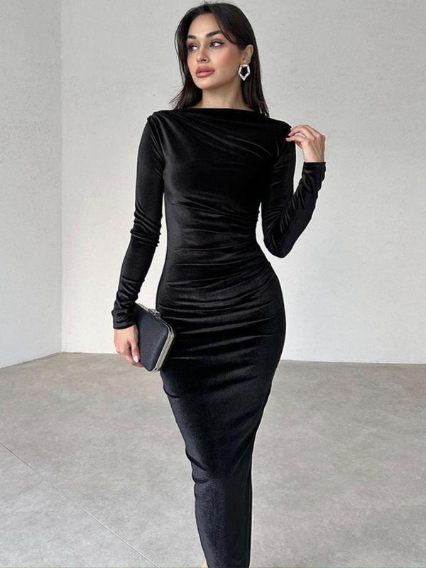 Women's Plain Ruched Boat Neck Bodycon Velvet Dress, Elegant Long Sleeve Midi Dress for Party Holiday Wedding Guest, Ladies Spring & Fall Clothes