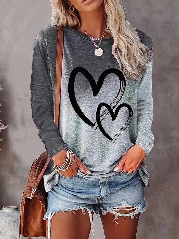  Ombre Heart Print Drop Shoulder Tee, Casual Long Sleeve Round Neck T-shirt for Fall & Winter, Women's Clothing for Daily Wear