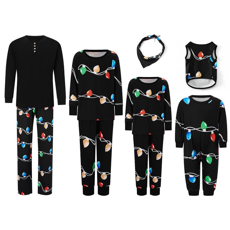 Black Christmas Pajamas For Family Family Matching Christmas Pajama Set String Light Print Long Sleeve Tops Elastic Waist Long Pants