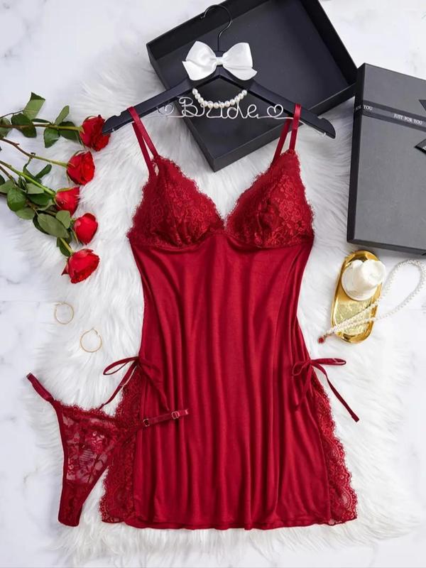 Women's Contrast Lace Bow Decor Cami Nightdress & Thong Two-piece Set, Split Thigh Spaghetti Strap Nightgown & Panty Set, Women's Sleepwear for All Seasons