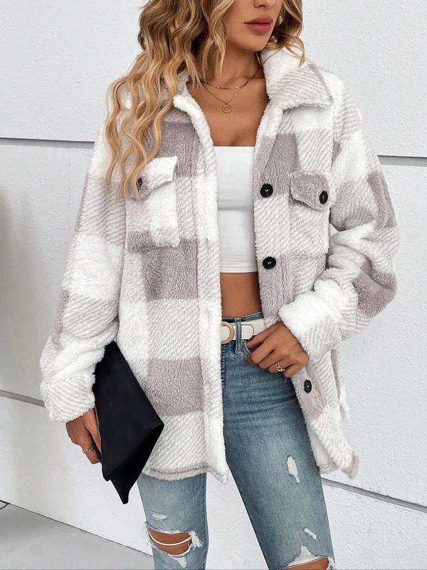 Women's Plaid Print Button Front Fleece Jacket, Casual Long Sleeve Outerwear for Fall & Winter, Ladies Clothes for Daily Wear