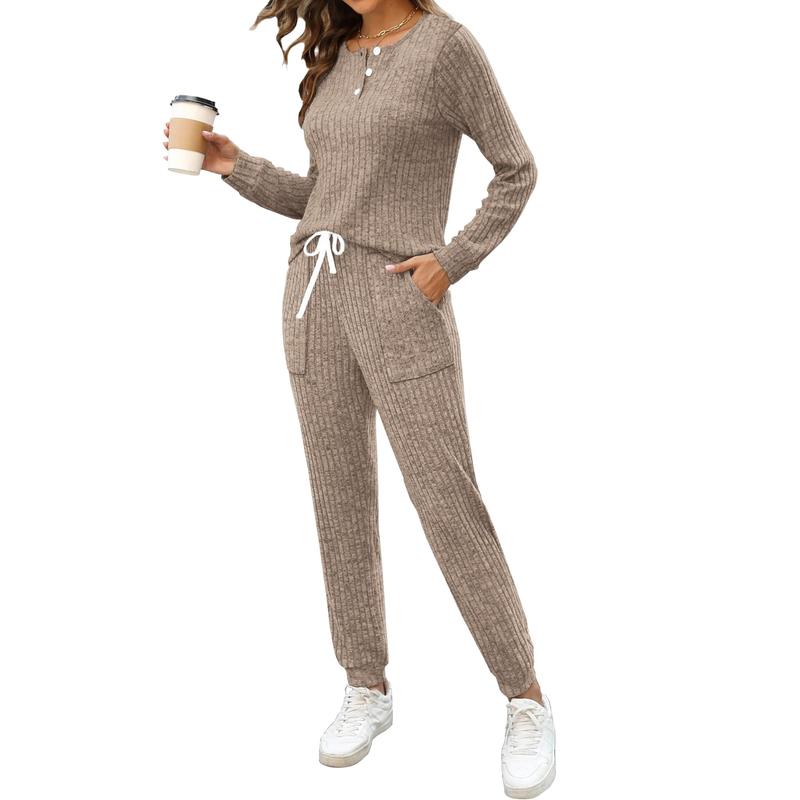 Two Piece Womens Pajama Sets Button Down Shirts and Drawstring Pants with Pockets Solid Lounge Sets for Women