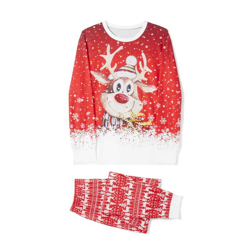 Red Matching Christmas Pajamas For Family, Deer Pattern Long Sleeve Tops and Pants Sleepwear Set