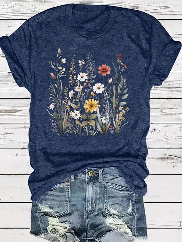 Women's Floral Print Round Neck Tee, Vintage Trendy Casual Fitted Short Sleeve T-shirt for Daily Wear Back To School, Graphic Tees, T Shirts for Women, Ladies Fall Outfit