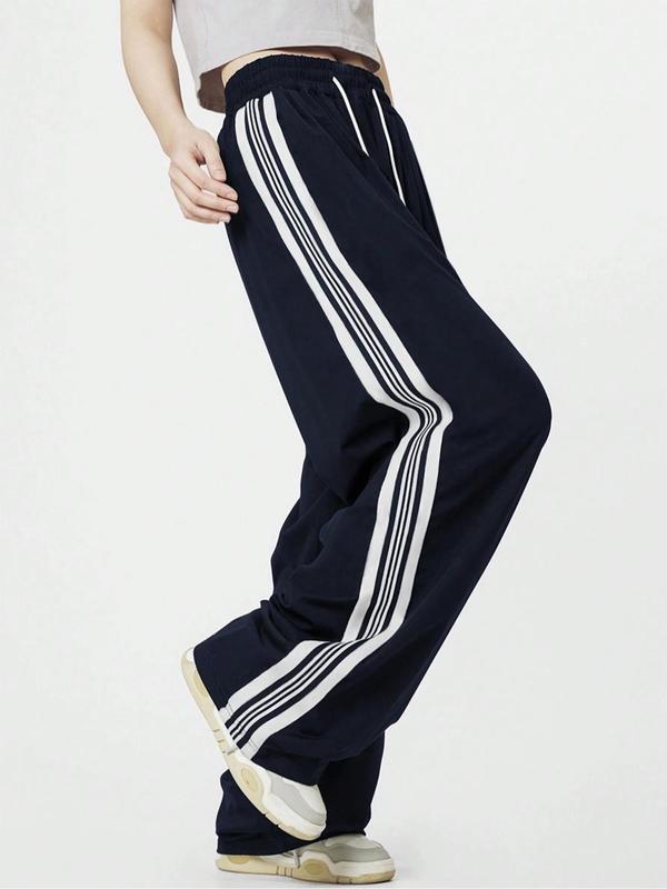 Unisex Side Stripe Drawstring Waist Wide Leg Pants, Women's Casual Comfy Straight Leg Trousers for Daily Wear, Baggy Pants for Women, Casual Summer Bottoms, Ladies Bottoms for All Seasons