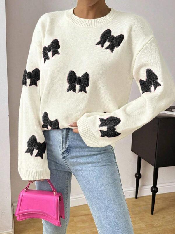 Women's Bow Patched Drop Shoulder Sweater, Casual Long Sleeve Round Neck Jumper for Fall & Winter, Fashion Ladies' Knitwear for Daily Wear