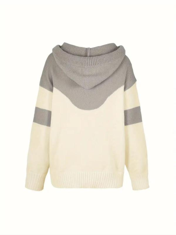 Women's Colorblock Print Drawstring Pocket Hooded Sweater, Casual Drop Shoulder Long Sleeve Jumper for Fall & Winter, Women's Knitwear for Daily Wear