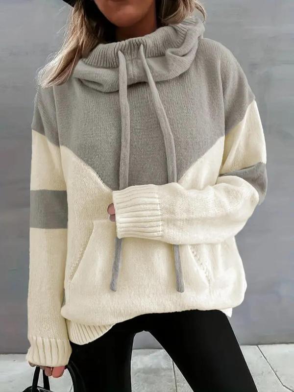 Women's Colorblock Print Drawstring Pocket Hooded Sweater, Casual Drop Shoulder Long Sleeve Jumper for Fall & Winter, Women's Knitwear for Daily Wear