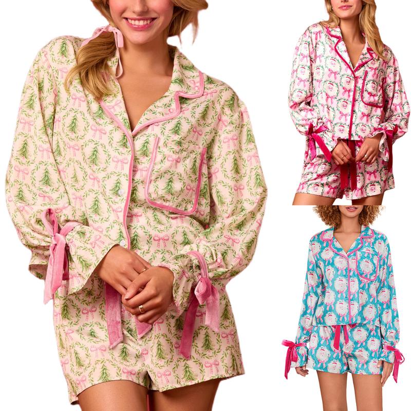 Women Two Piece Christmas Pajamas Set Bow Tie Long Sleeve Button Shirt Ruffle Shorts Colorful Print Pjs Sets Sleepwear