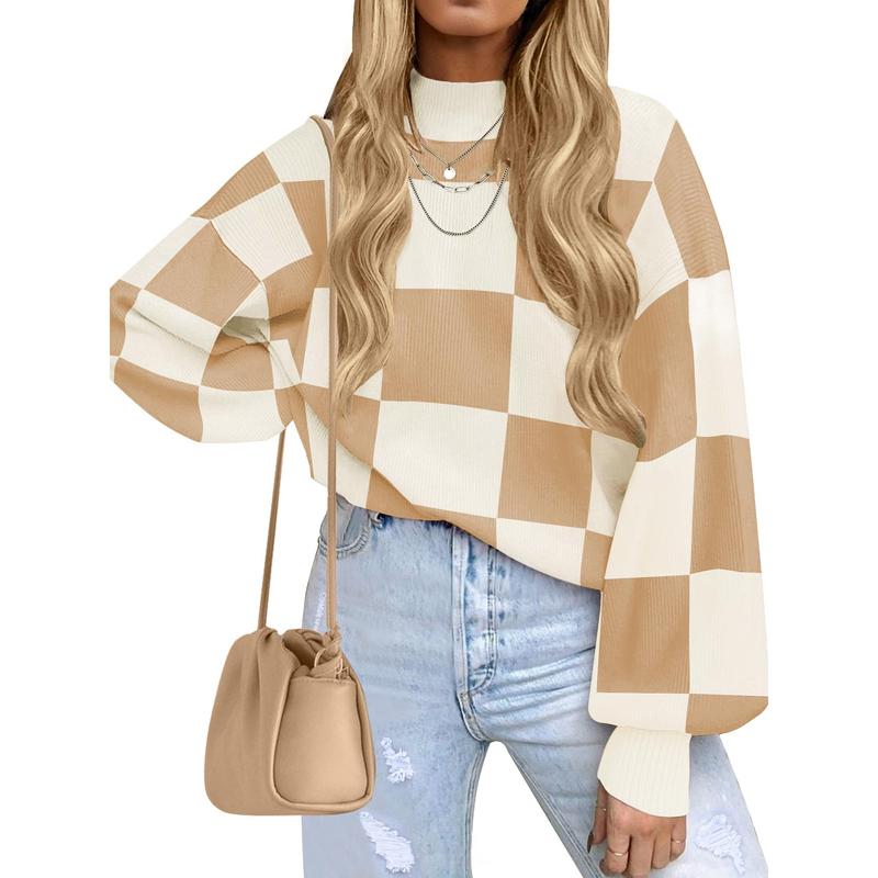 MOSHU Oversized Sweaters for Women Drop Shoulder Plaid Colorblock Tops Fall Crewneck Pullover Sweater