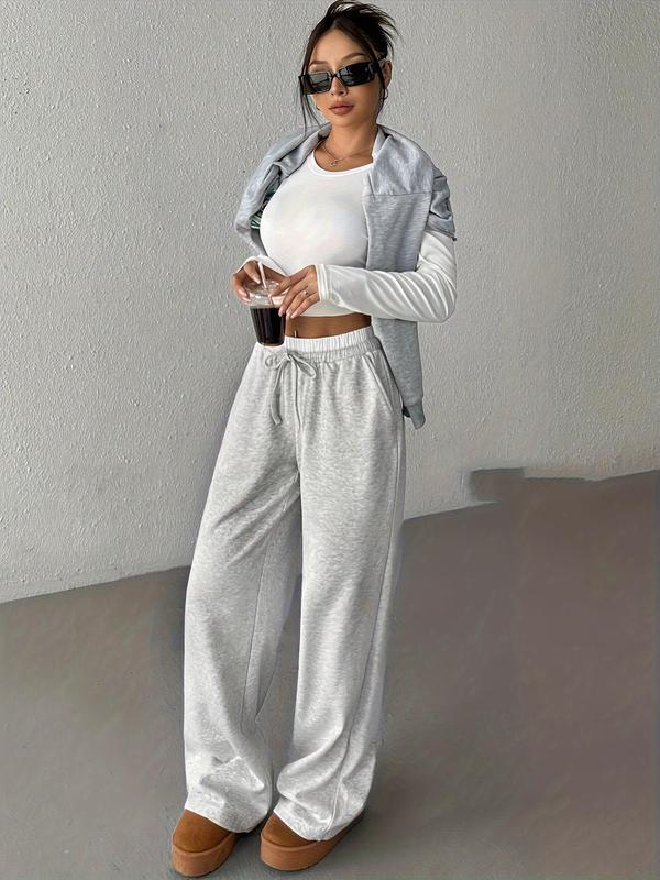 Women's Colorblock Drawstring Waist Wide Leg Sweatpants, Casual Pocket Design Trousers for Fall & Winter, Women's Bottoms for Daily Wear