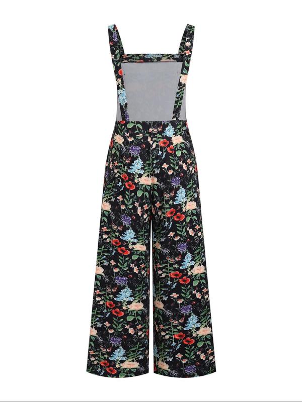 Women's Floral Print Backless Button Cami Jumpsuit, Casual Sleeveless Wide Leg Jumpsuit for Spring & Fall, Women's Clothes for Daily Wear