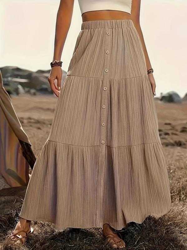 Women's Plain Button Front Tiered Layer A Line Skirt, Elegant Fashion Casual Long Skirt for Daily Outdoor Wear, Women's Bottoms for Spring & Fall