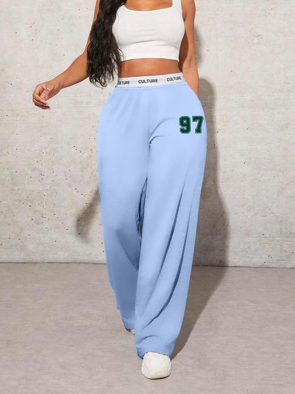 Women's Letter Print High Waist Sweatpants, Casual Y2K Pocket Wide Leg Tape Waist Trousers for Daily Wear, Ladies Bottoms for All Seasons, Downtown Girl Clothes