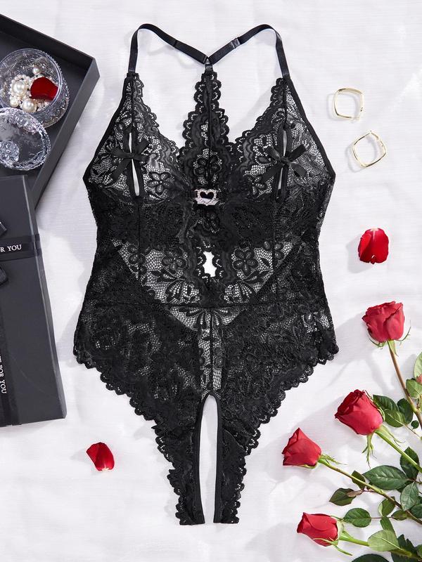 Women's Bow Front Sheer Floral Lace Scallop Trim Bodysuit, Rhinestone Heart Decor Cut Out Bodysuit for Daily Wear, Ladies Summer Clothes