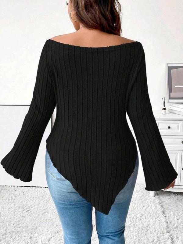  Solid Off Shoulder High Low Hem Tee, Casual Long Sleeve T-shirt for Fall & Winter, Women's Clothing for Daily Wear