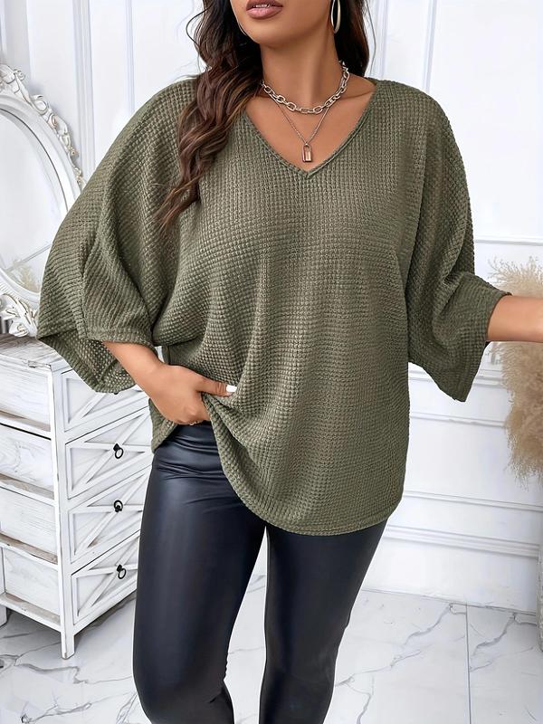  Solid Batwing Sleeve V Neck Tee, Casual Long Sleeve T-shirt for Spring & Fall, Women's Clothing for Daily Wear