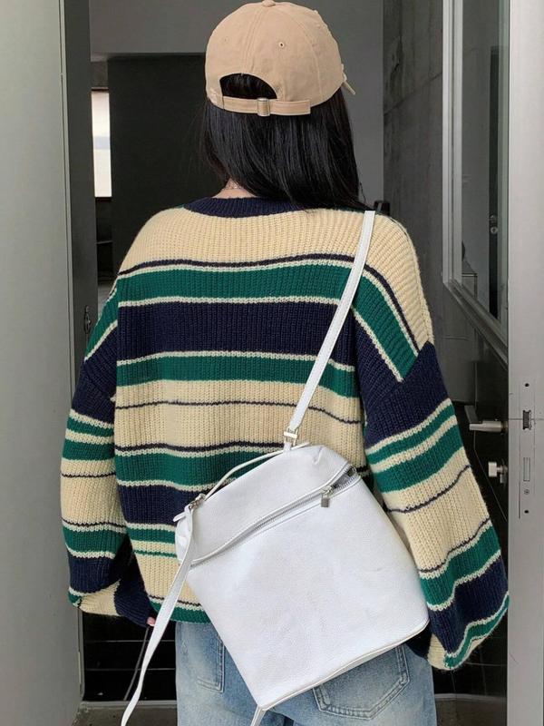 Women's Colorblock Striped Print Drop Shoulder Sweater, Casual Long Sleeve Round Neck Jumper for Fall & Winter, Fashion Ladies' Knitwear for Daily Wear,  Fall Outfits 2024