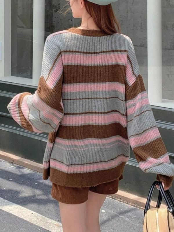 Women's Colorblock Striped Print Drop Shoulder Sweater, Casual Long Sleeve Round Neck Jumper for Fall & Winter, Fashion Ladies' Knitwear for Daily Wear,  Fall Outfits 2024