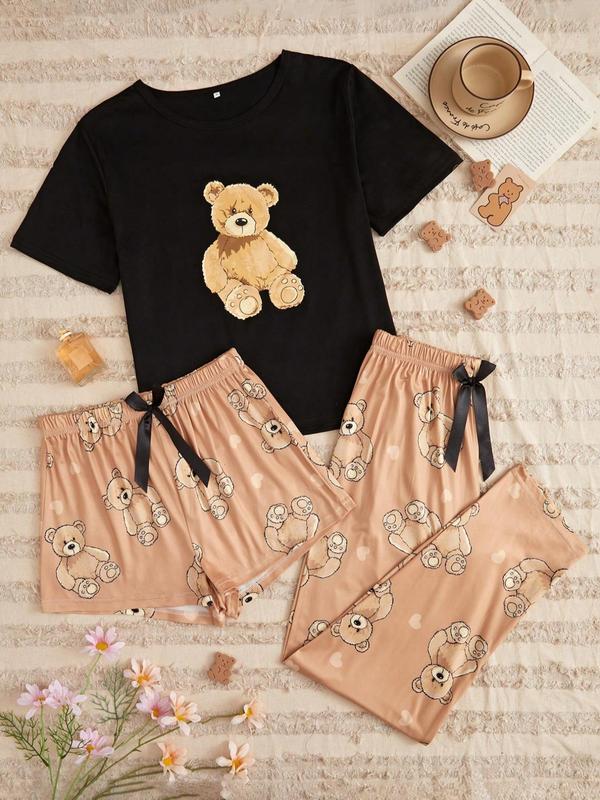 Three-Piece Set Women's Leopard Print Short Sleeve Tee & Elastic Waist Shorts & Pants Pyjama Set, Casual Comfy Round Neck T-shirt & Shorts & Trousers PJ Set, Ladies Sleepwear for All Seasons